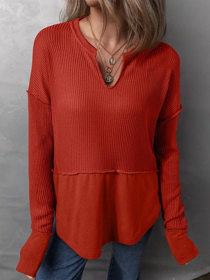 Waffle-Knit Notched Long Sleeve T-Shirt