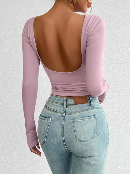 Backless Round Neck Long Sleeve Top