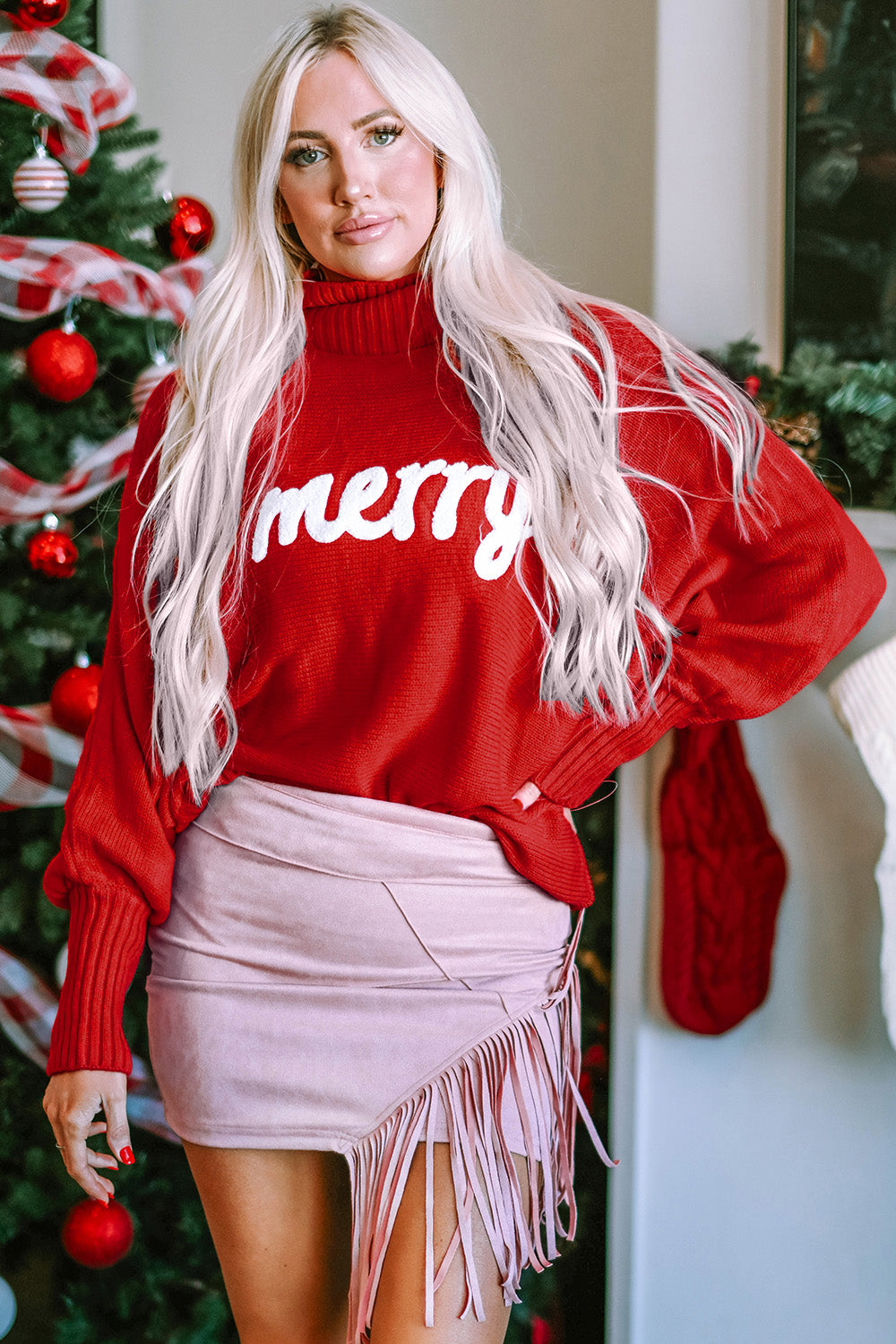 Double Take Full Size Merry Christmas Turtleneck Long Sleeve Sweater