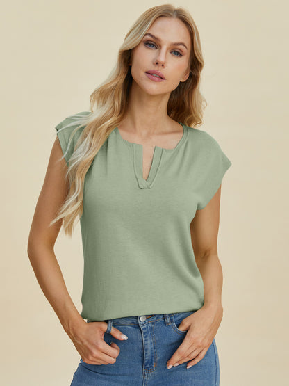 Double Take Full Size Notched Cap Sleeve Knit Top